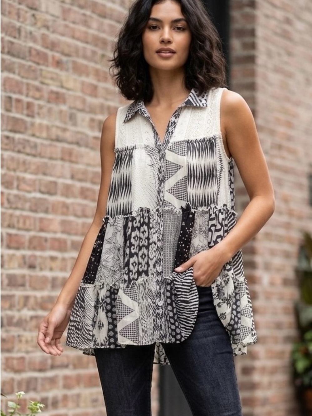 NWT Young Threads Boho Patchwork Sleeveless Button Up Top - Size L